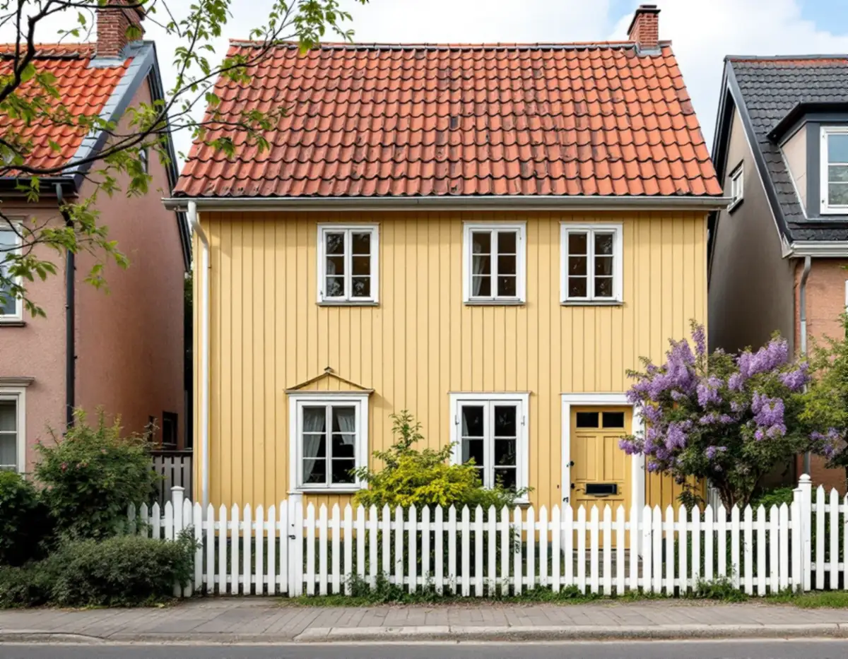 Gult trähus med panel och vita fönster bakom ett staket i Gamla Enskede
