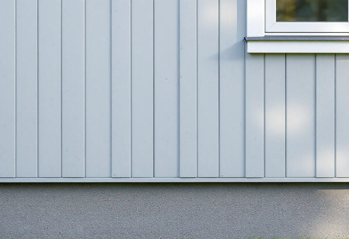 Ljusgrå stående träpanel med tunn lockläkt ovanför en putsad sockel
