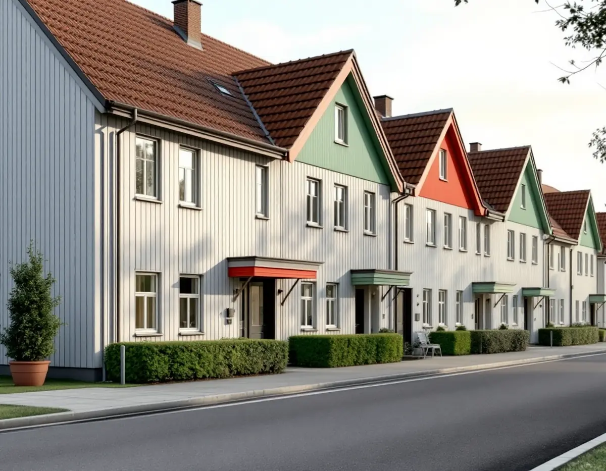 Kedjehus från 1960 med ljusgrå spontpanel och färgade gavlar längs en böjd gata i Stäket
