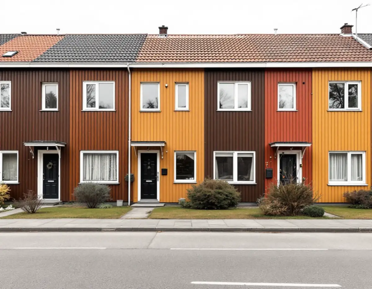 Radhus från 1970-talet med träpanel och små förträdgårdar
