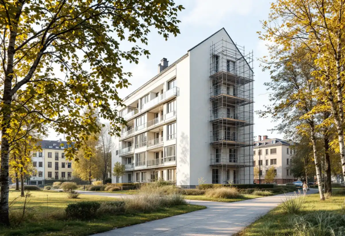 Fristående funkishus mellan gata och park med ställning på ena gaveln