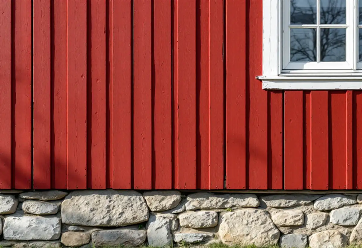 Rödmålad locklistpanel där några nya brädor har satts in nära grunden