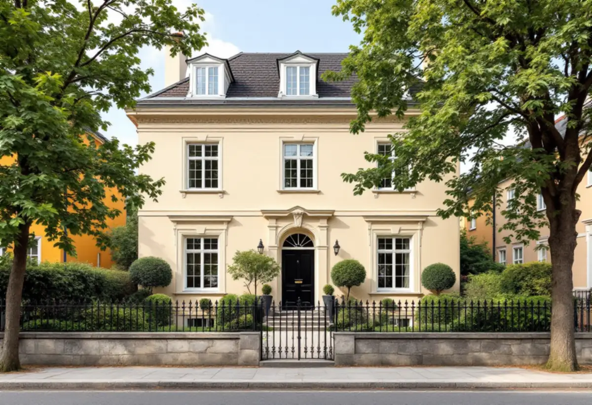 Putsad villa i klassicerande stil indragen bakom förgård med smidesstaket