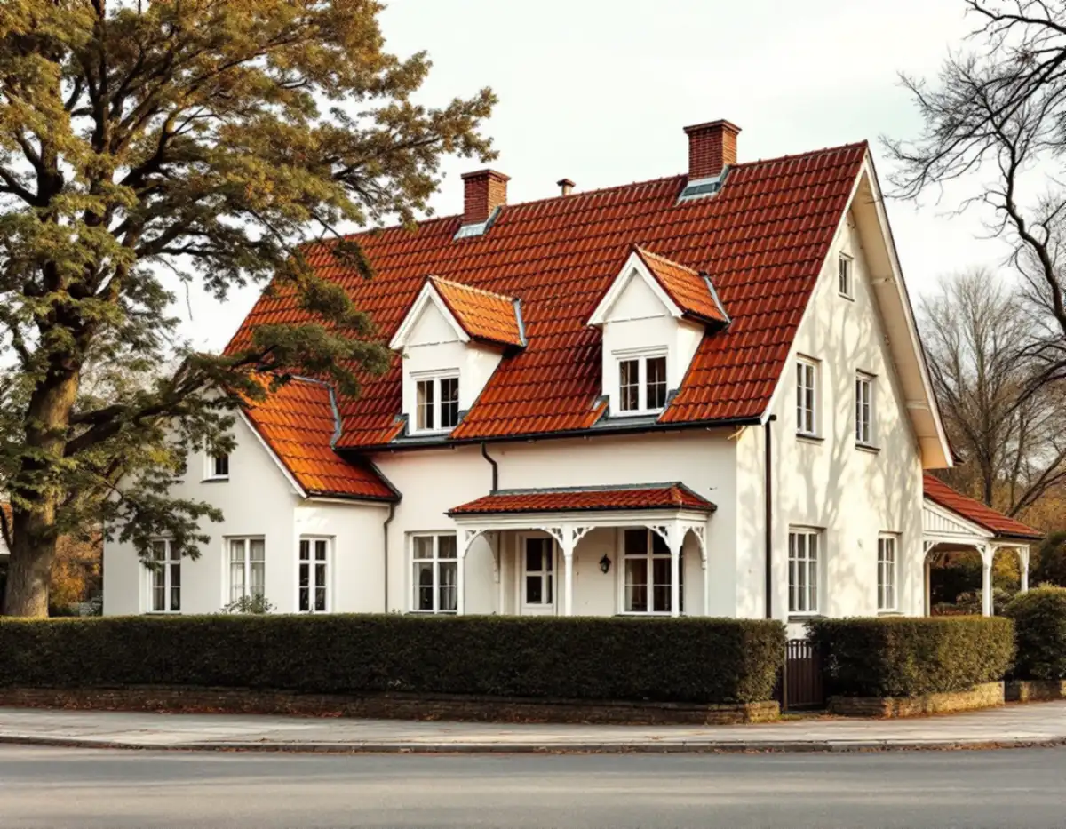 Ljusputsad villa med brant tegeltak, takkupor och småspröjsade fönster bakom en klippt häck i Solna