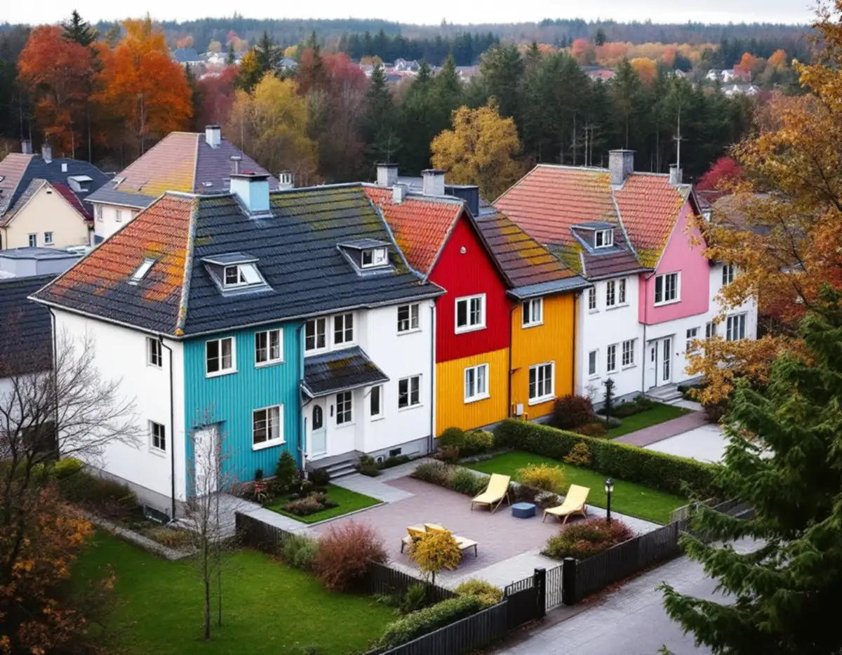 Radhus från 1970-talet med fasader i puts och träpanel i olika kulörer runt en gård i Grimstaby