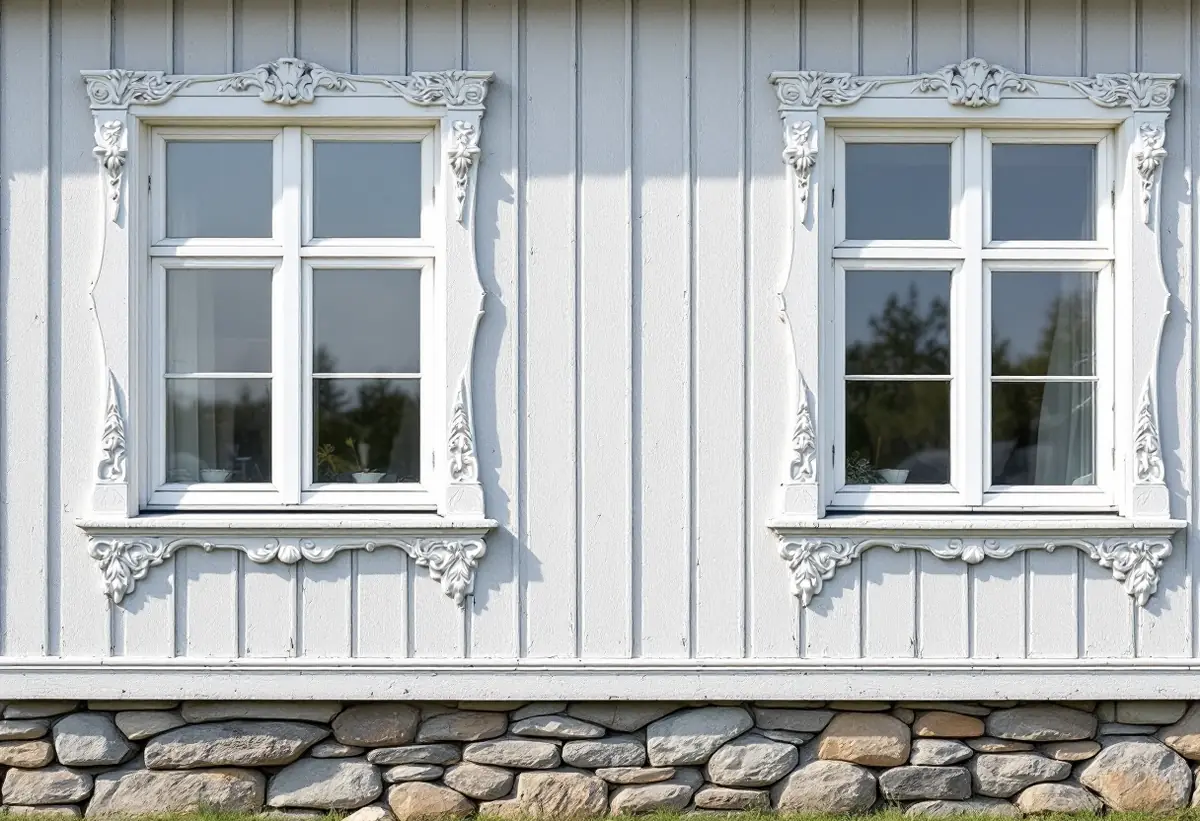 Profilerade fönsterfoder och panel på en äldre sommarvilla där några brädor har lagats