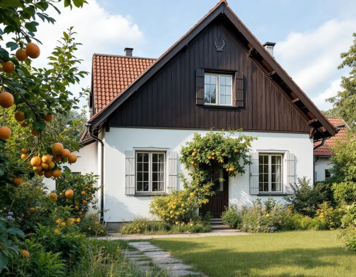 Villa från 1910-talet med putsad bottenvåning och panel i gaveln