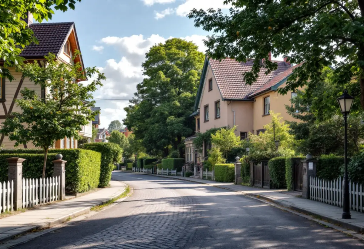 Gata i en villastad med äldre hus och trädgårdar