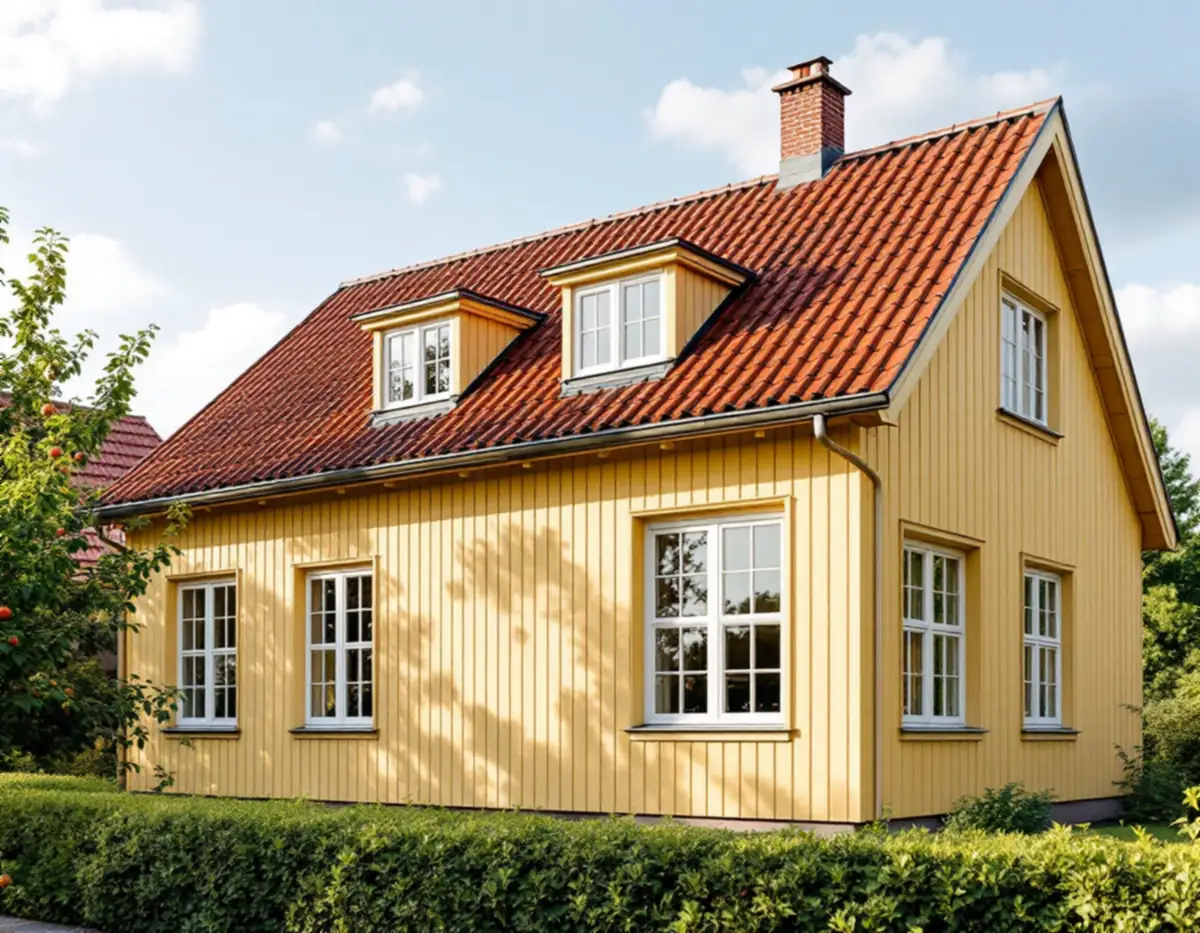 Trävilla i Bromma med vita tvåluftsfönster med spröjs och rött tegeltak