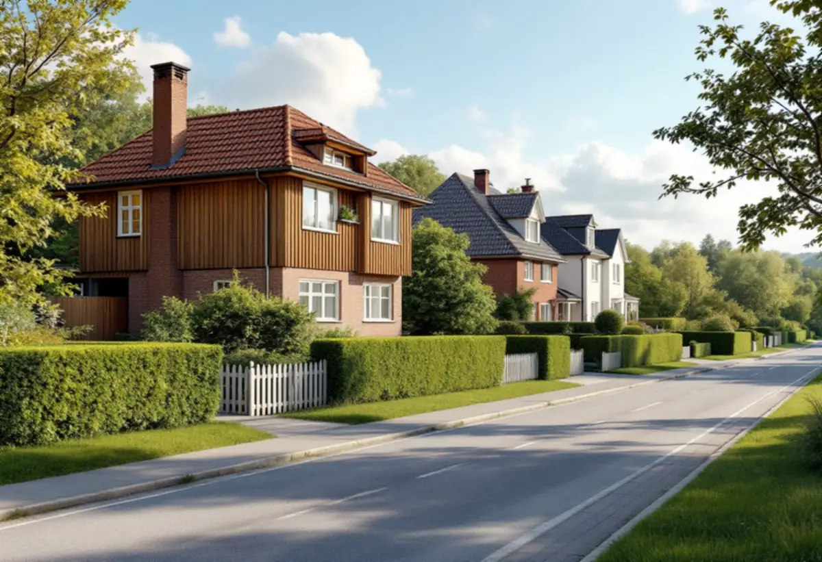 Villagata med hus från olika decennier och klippta häckar