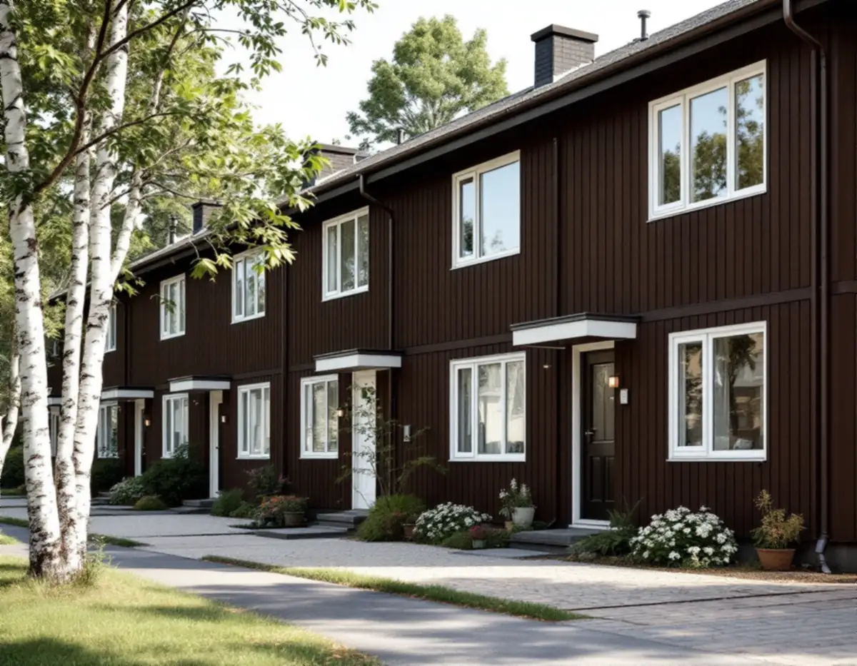 Radhus från 1960-talet med regelbundna fönster i en grupp