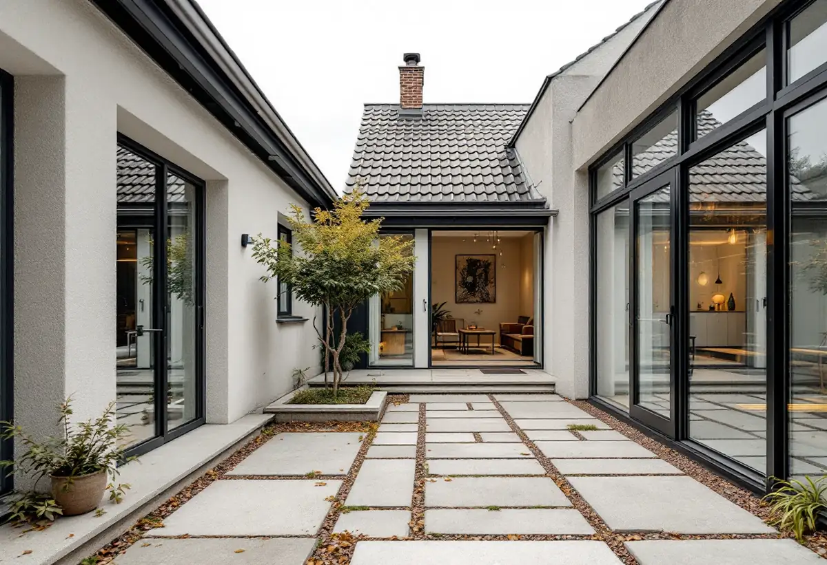 Atriumhus med fönster mot en inre gård