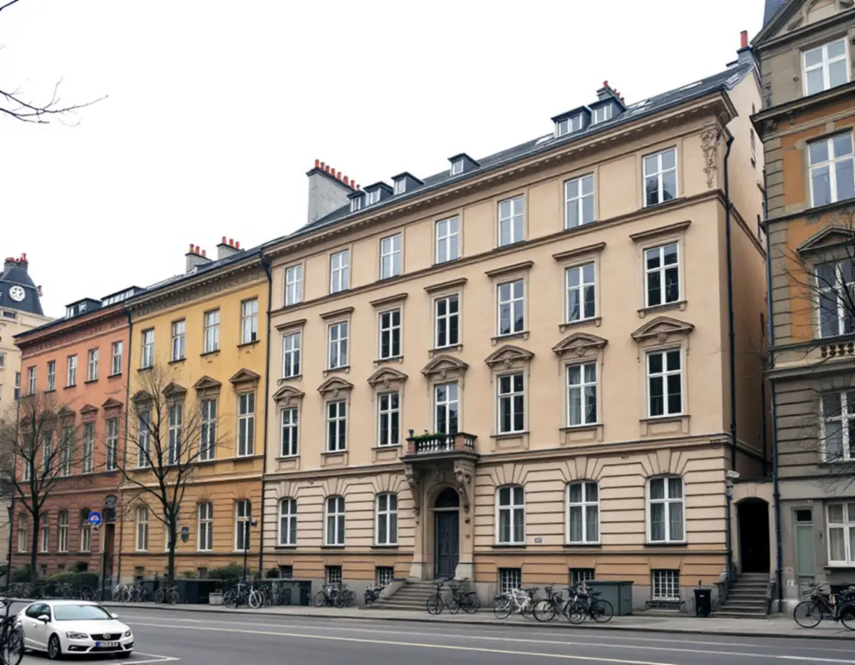 Stenhus från sekelskiftet med putsad fasad och rader av spröjsade fönster