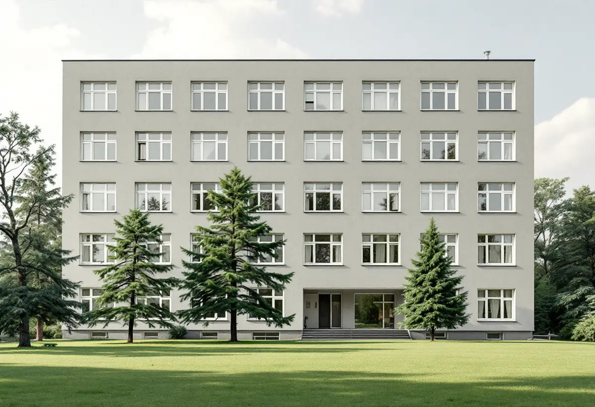 Funkishus i ljus puts med enkla fönster och gröna gårdar