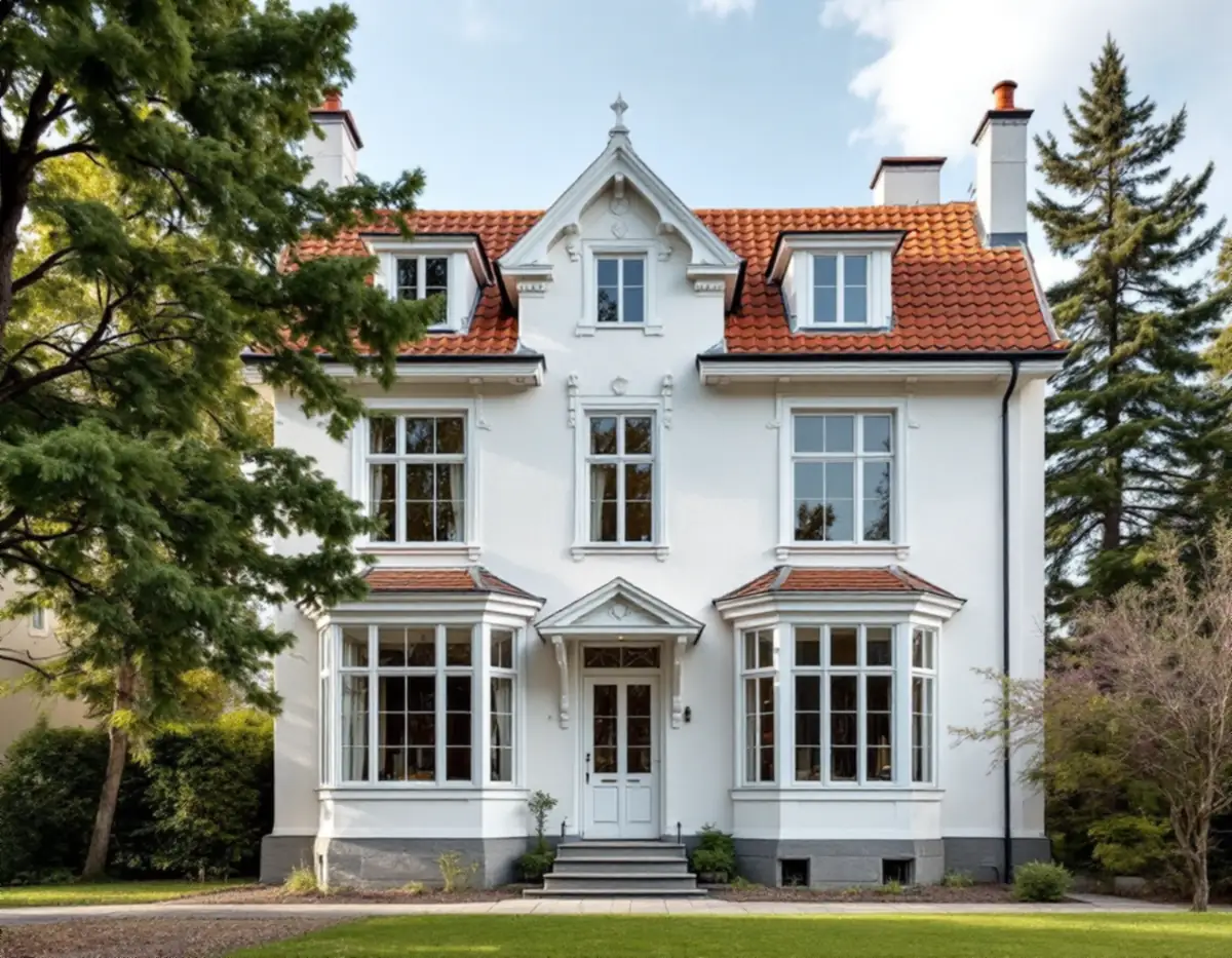 Jugendvilla på Lidingö med höga fönster och rött tegeltak