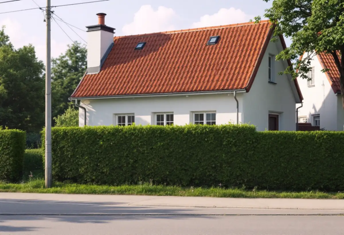 Villa i puts med tegeltak och spröjsade fönster bakom en häck