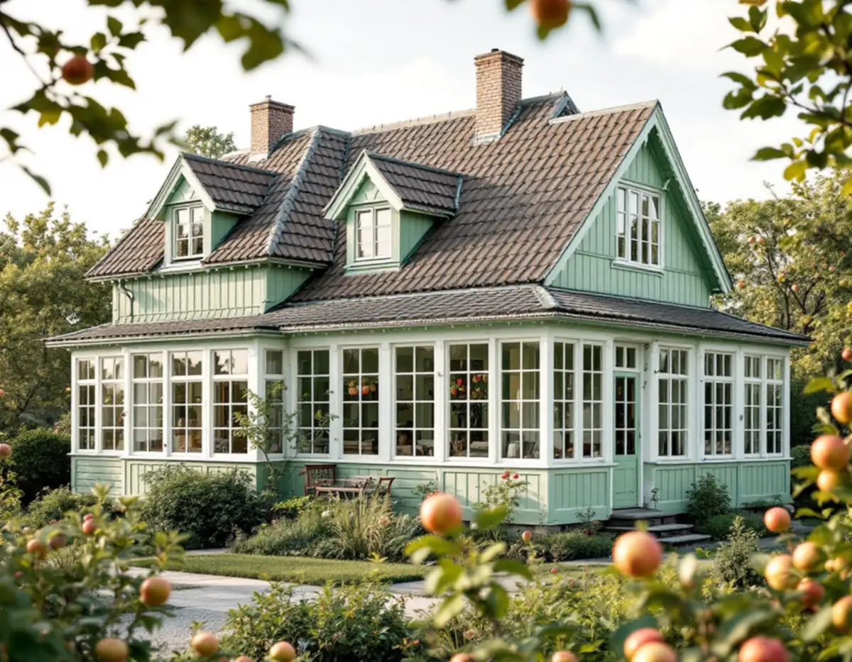 Äldre trävilla med glasveranda och spröjsade fönster