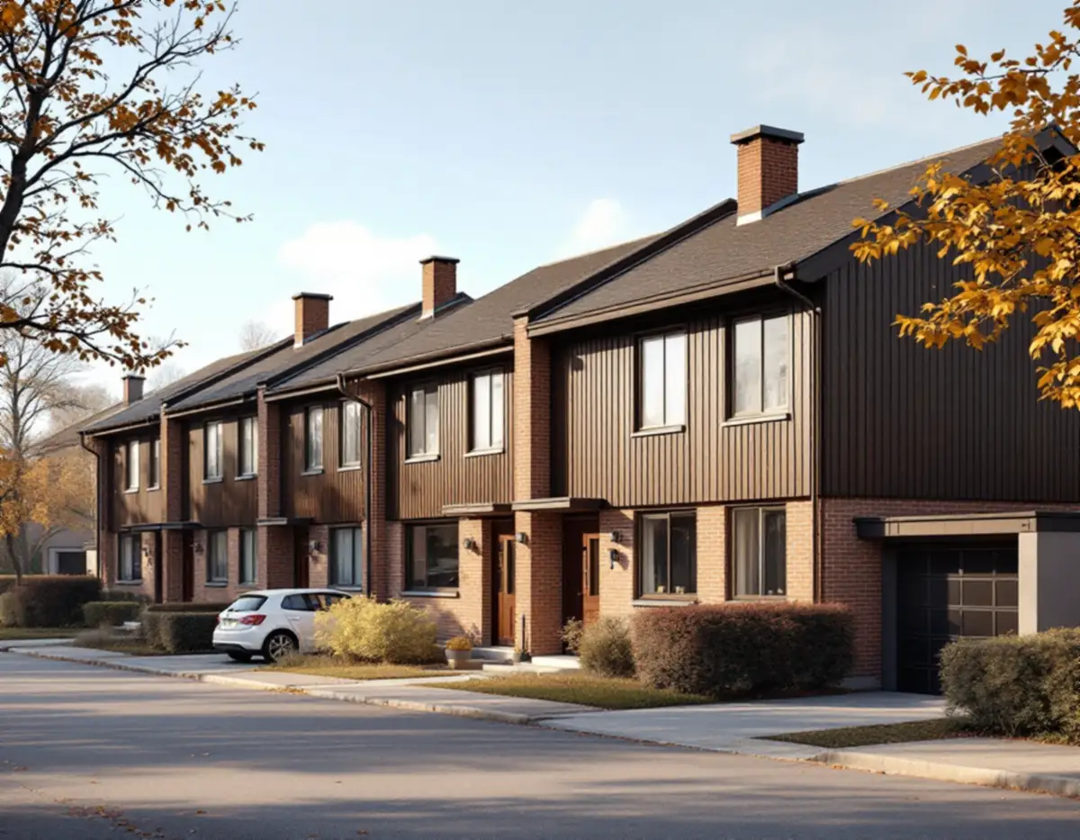 Kedjehus i Täby med fasadtegel och bruna fönstersnickerier
