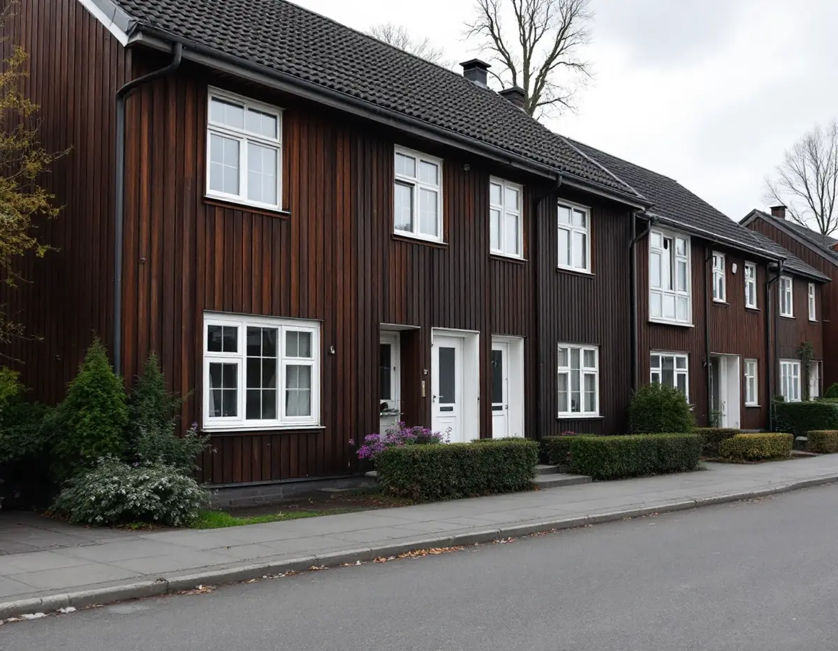 Radhuslänga i Upplands Väsby med mörk träpanel och vita fönster