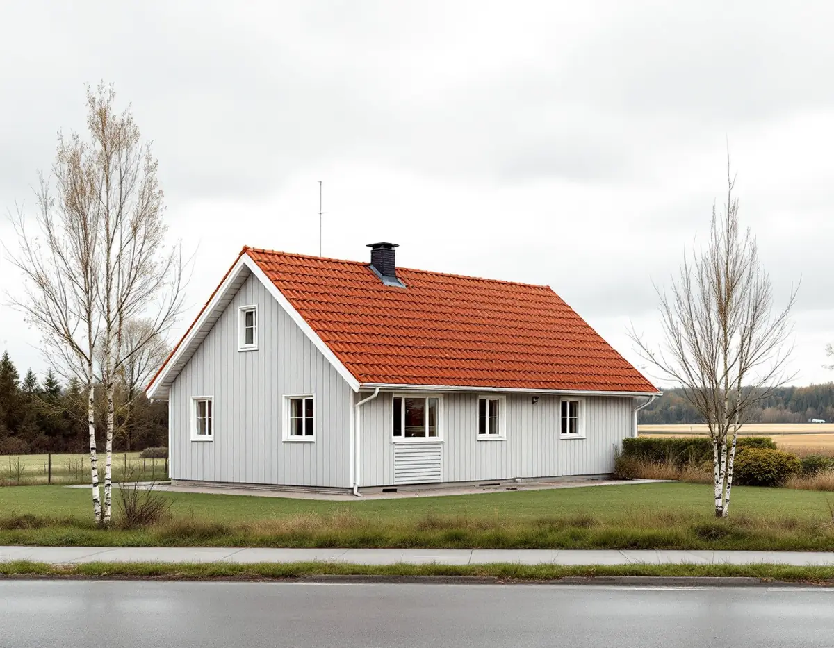 Villa i Vallentuna från 1980-talet med nya vita fönster och rött betongtegeltak