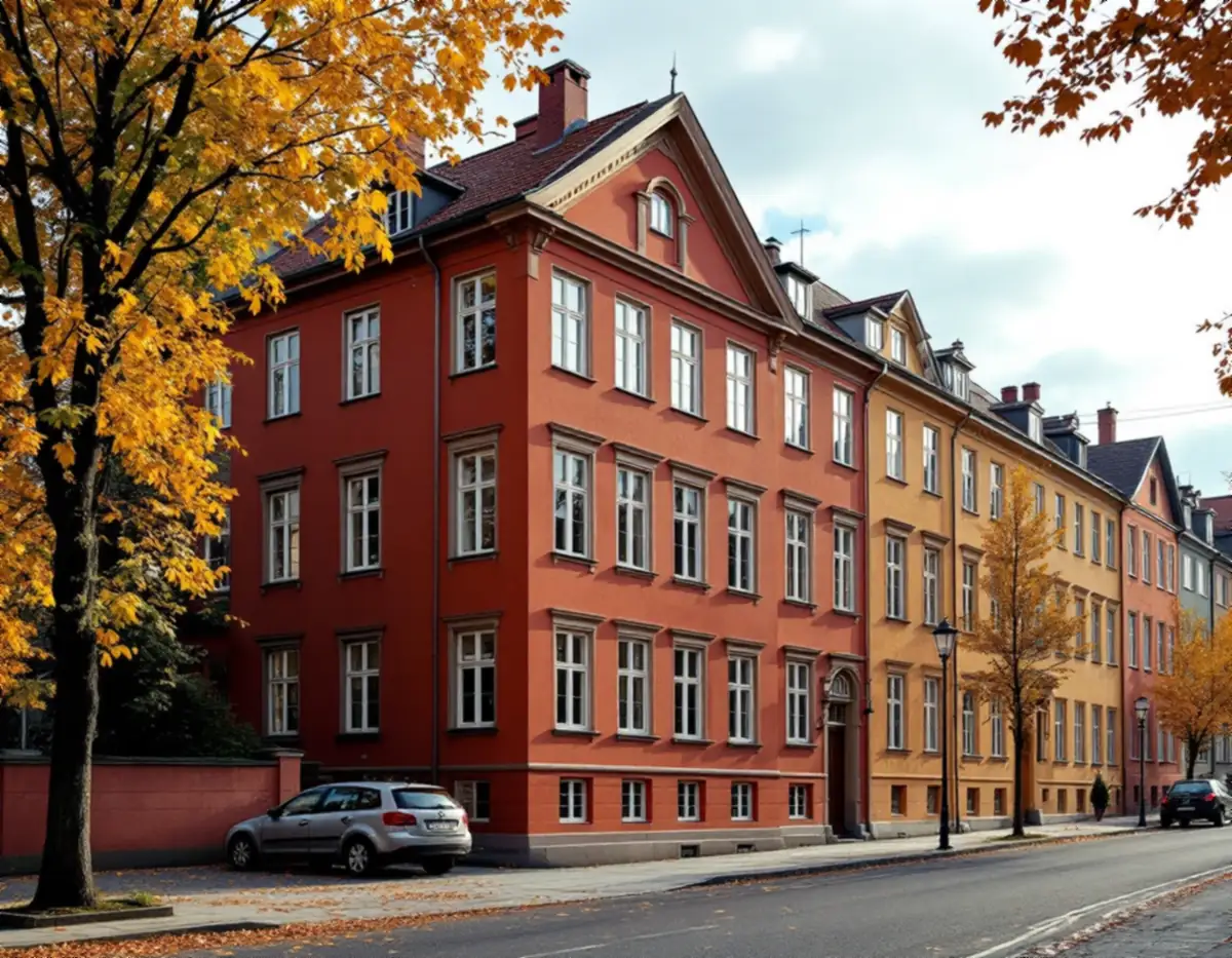Bostadshus från 1920-talet i rödaktig puts längs en svängd gata