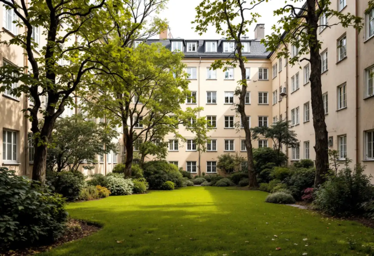 Planterad bostadsgård omgiven av putsade hus med spröjsade fönster