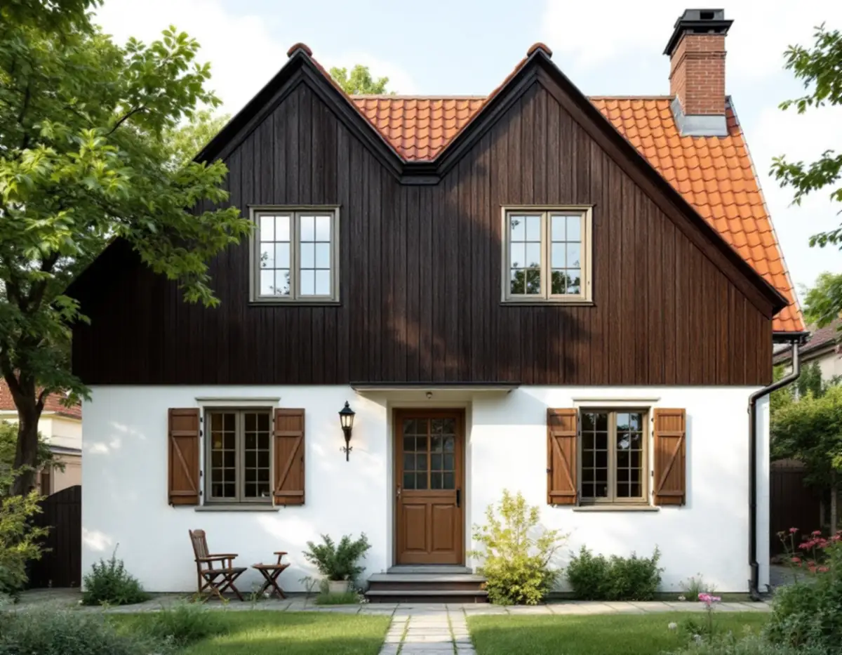 Villa med slätputsad bottenvåning och småspröjsade fönster med luckor