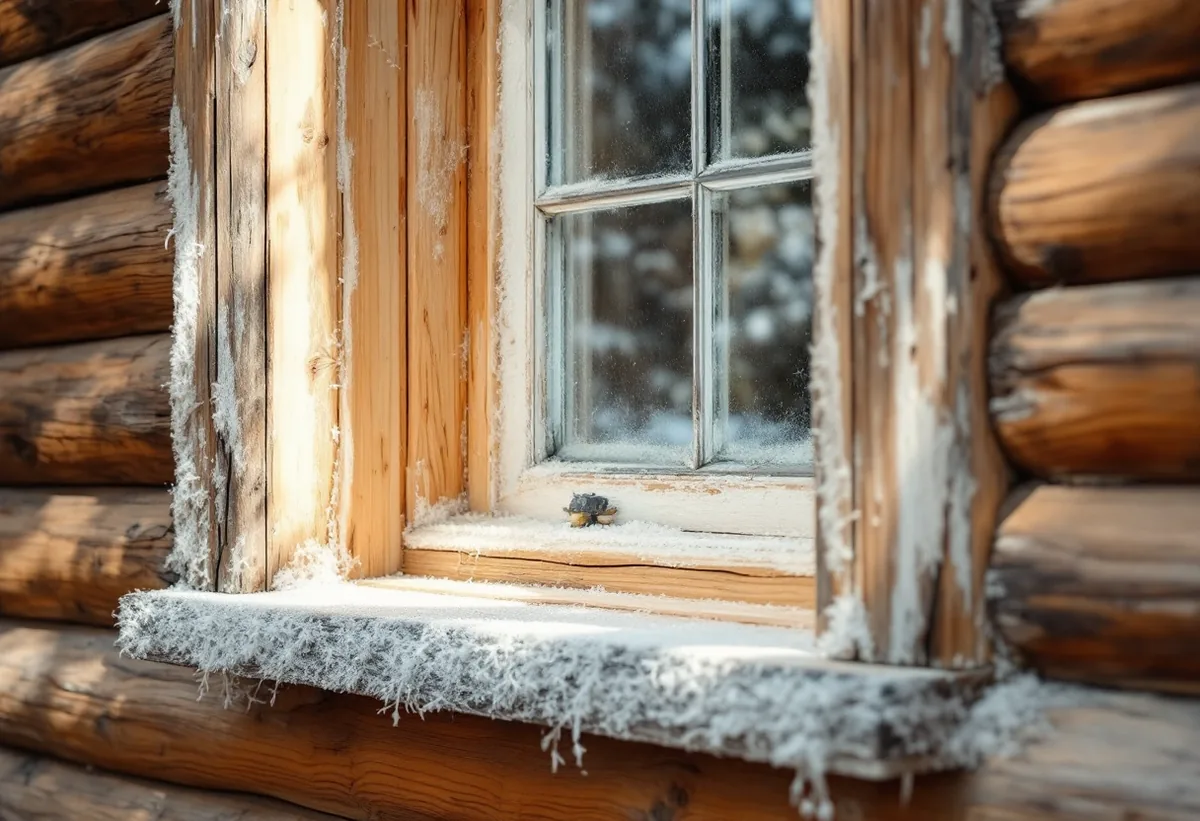 Fönsterkarm i en timmervägg med uttaget foder och ny drevning i skarven