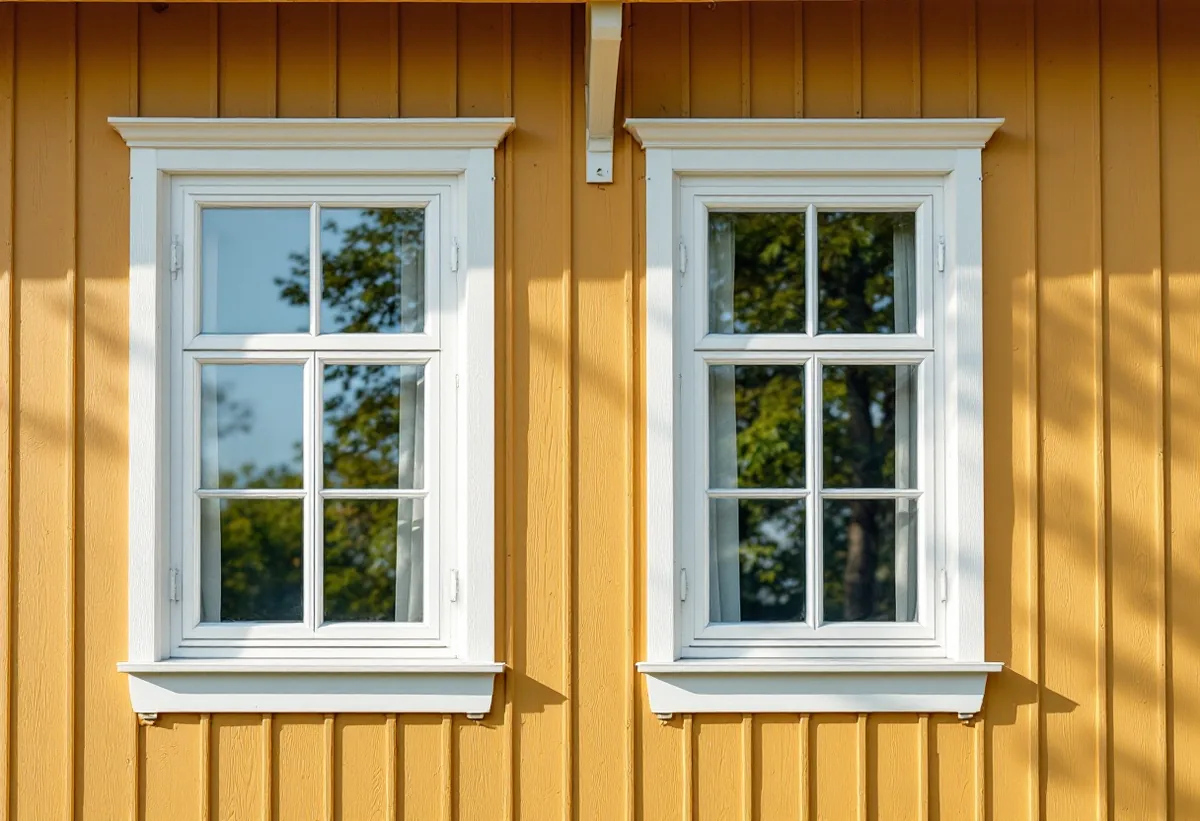 Nymålade fönster i en träfasad