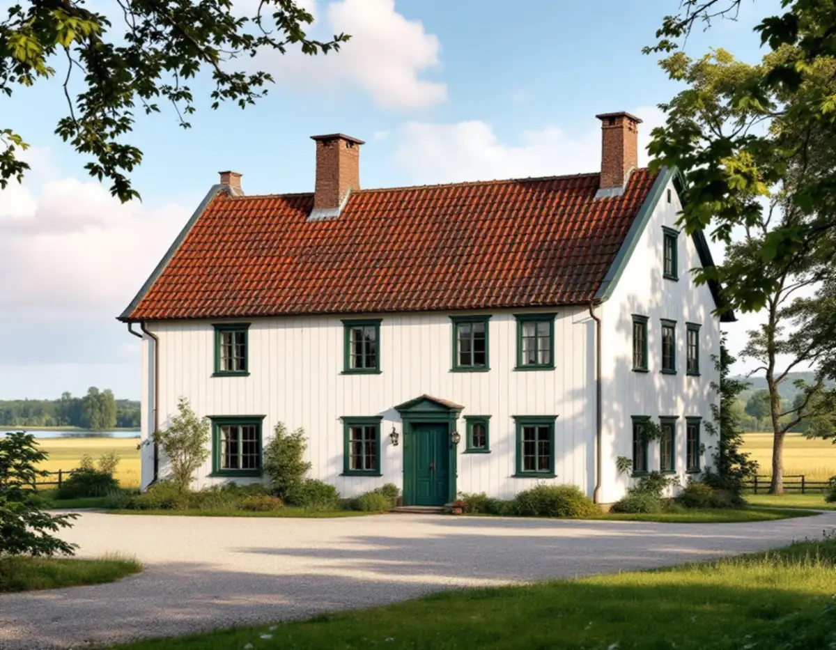 Vitmålad huvudbyggnad med tegeltak och mörkgröna fönster på en gård i jordbrukslandskap
