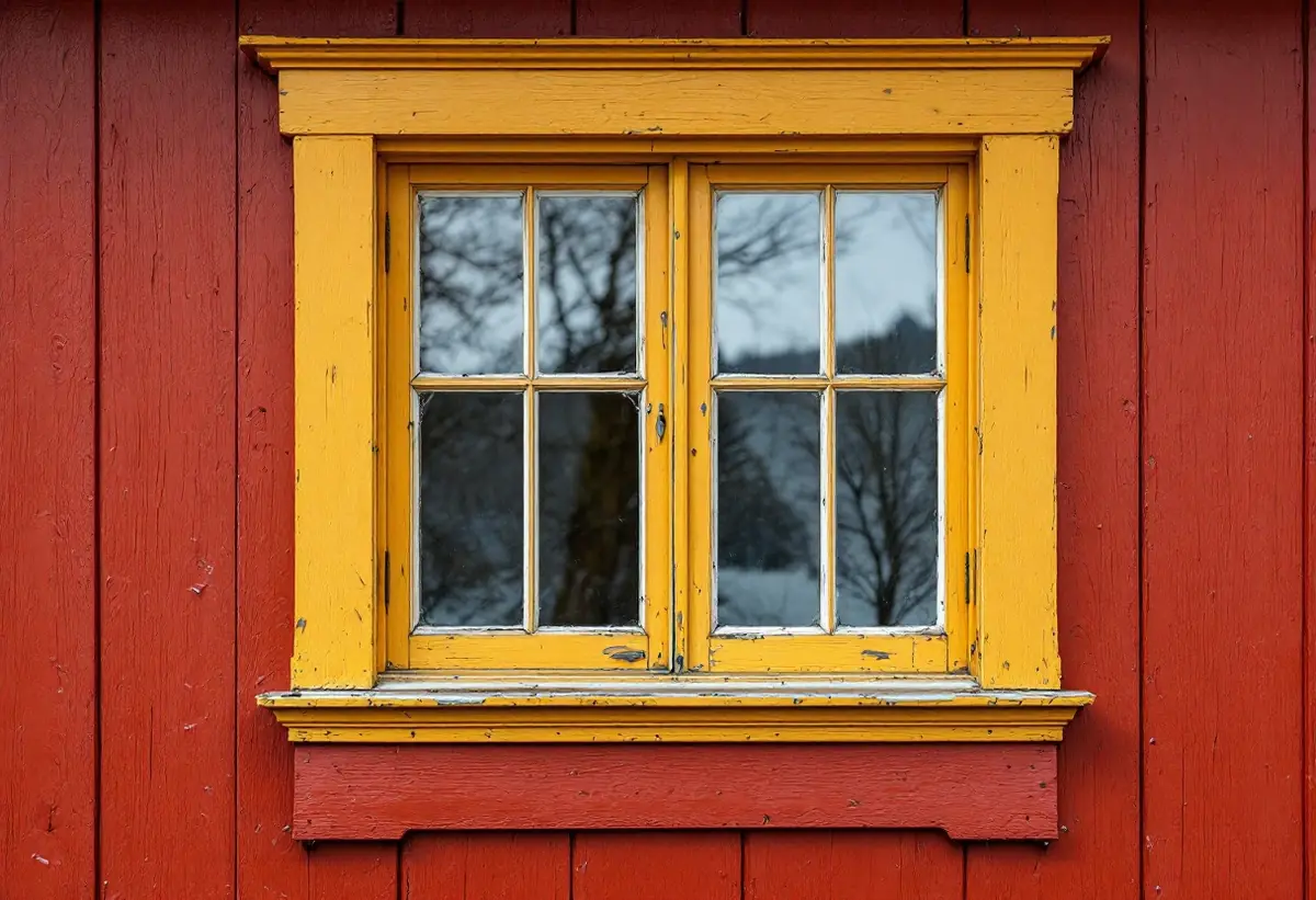 Småspröjsad fönsterbåge med nytt linoljekitt och guldockra foder i en faluröd panelvägg