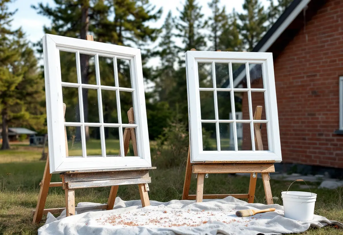 Fönsterbågar som skrapas på bockar utomhus intill en tegelvilla