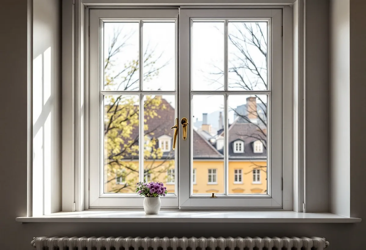 Öppet kopplat inåtgående fönster med spröjsad överdel och spanjolett