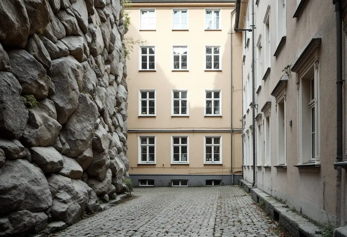 Smal innergård med gårdshus vars fönster vetter mot en hög bergvägg