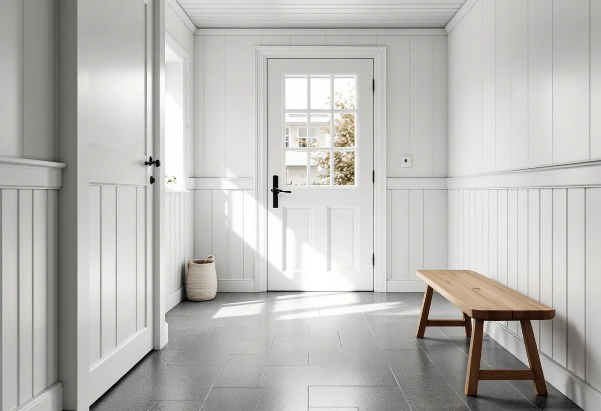 Hall med gråa klinkerplattor och en ljus trädörr