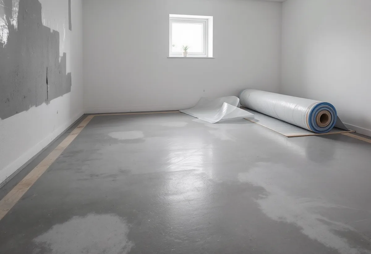 Betongplatta i en källare med ångspärr och golvmaterial redo för läggning