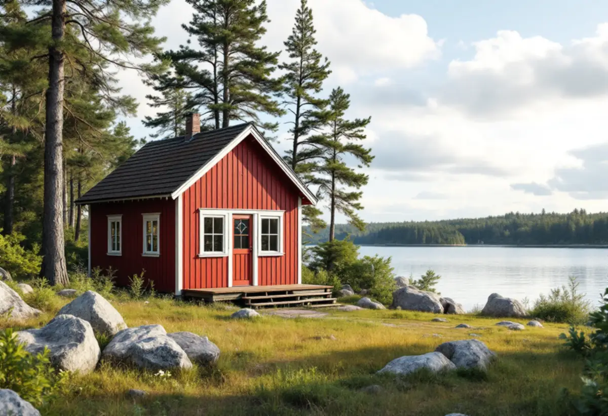 Liten röd sportstuga med vita knutar bland tallar nära vattnet