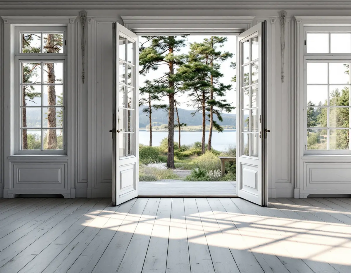 Ljust målat brädgolv i en äldre sommarvilla med glasveranda och sjöutsikt i Nacka