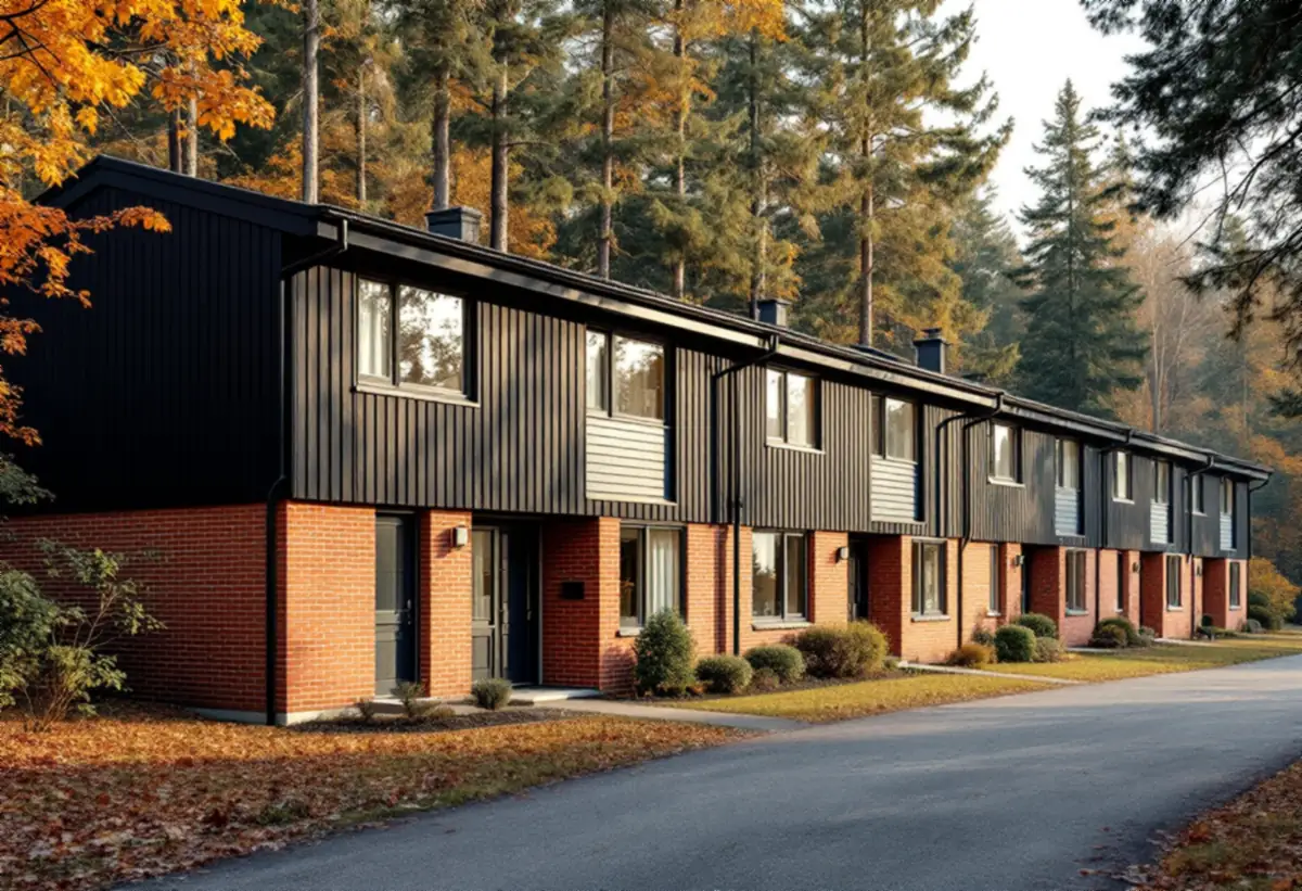 Radhuslänga från 1970-talet i rött tegel och mörk träpanel