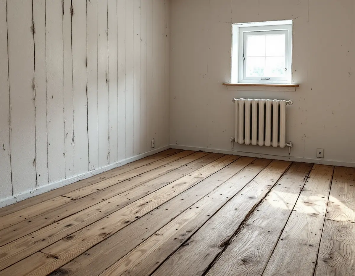 Breda gamla furubrädor med patina i ett torp, lätt slipade och såpade