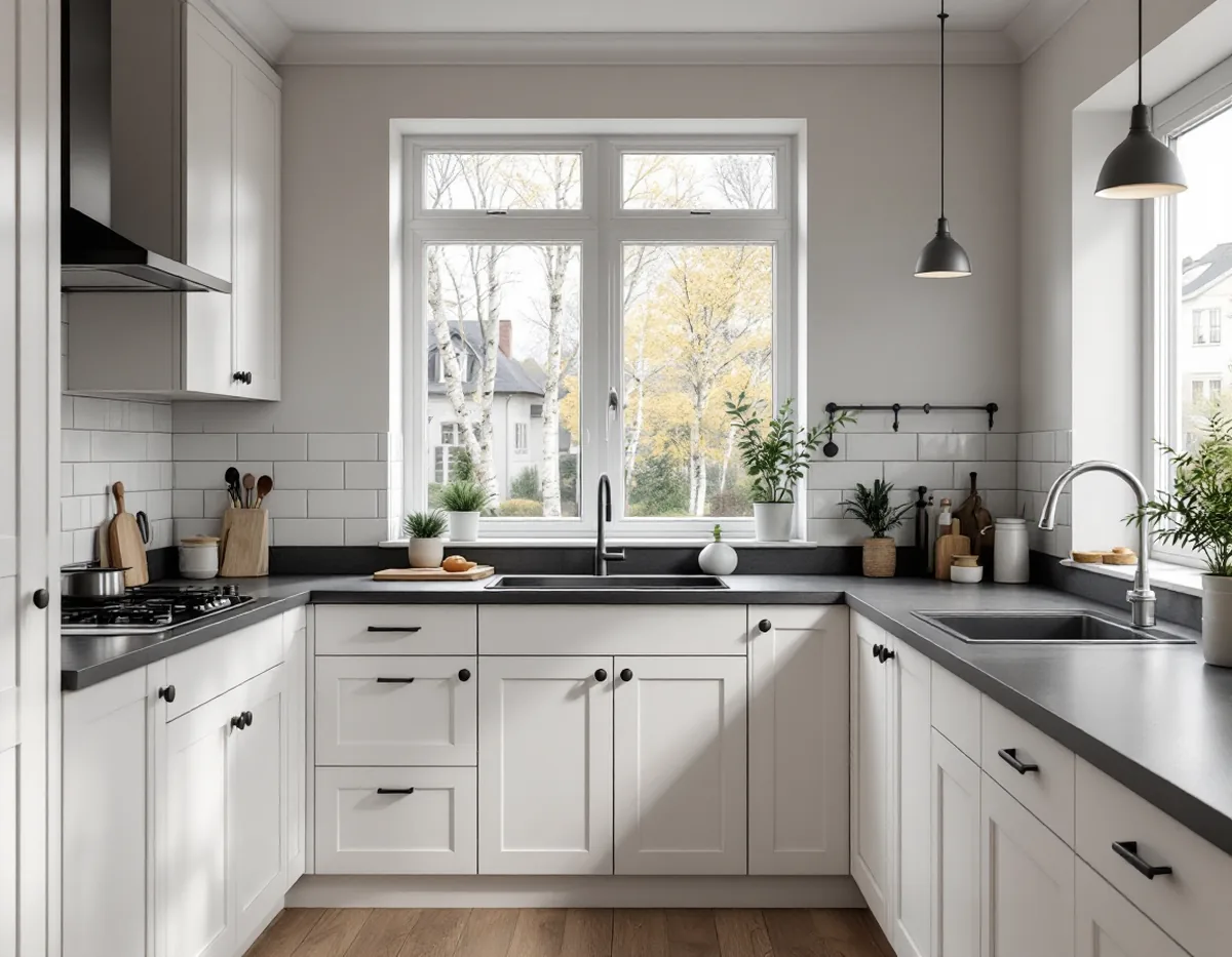 Nyrenoverat kök med vita luckor och mörk bänkskiva i ett radhus i Sollentuna