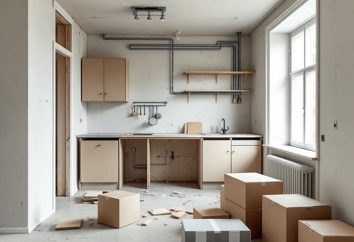 Lägenhetskök under renovering med nya rör och kartonger med ny inredning i Solna