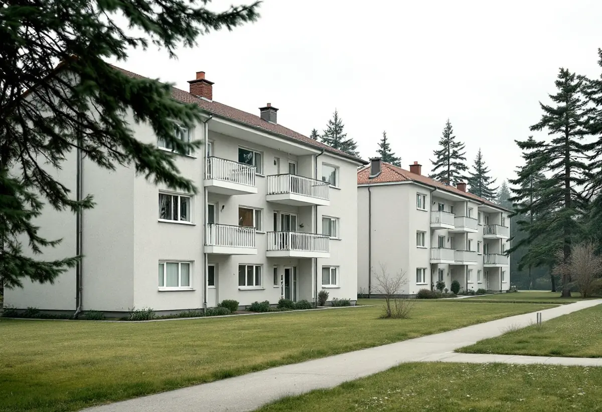Lamellhus från 1950-talet i en grön förort