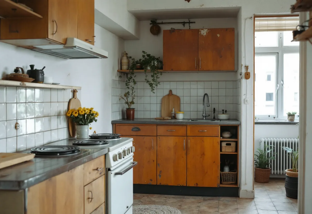 Gammal kokvrå med enkel spis och skåp före renovering