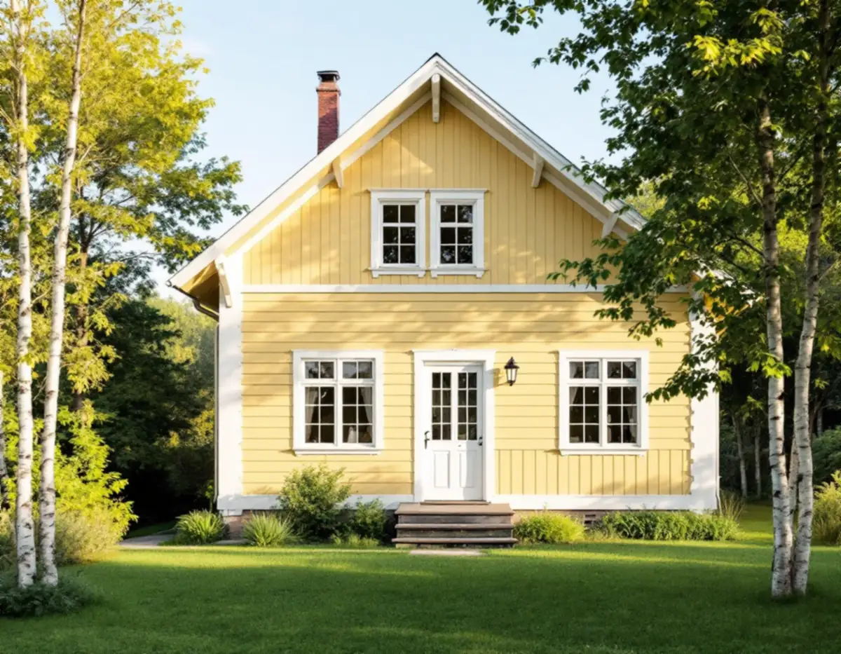 Nymålad ljusgul trävilla med vita knutar och fönsterfoder i Stockholm