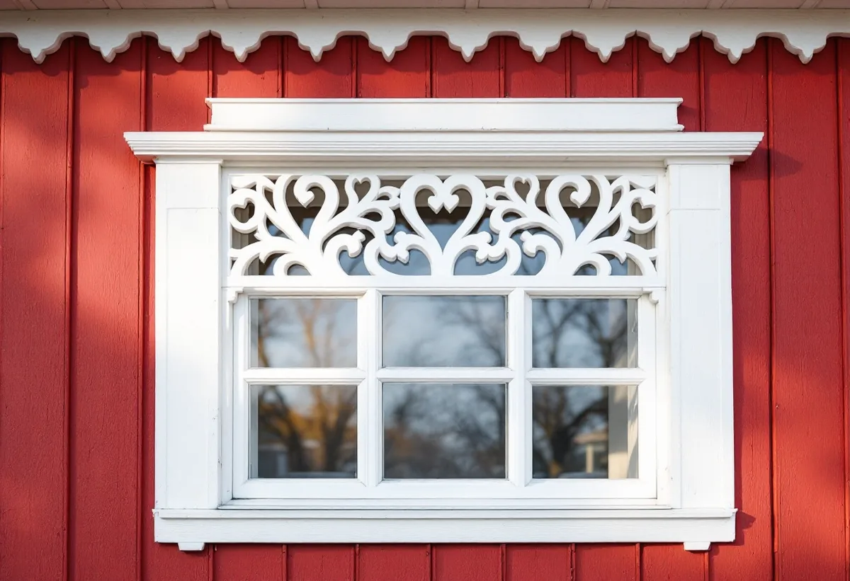 Faluröd panel med vita fönsterfoder och en vit dekorbräda med utsågade hjärtan