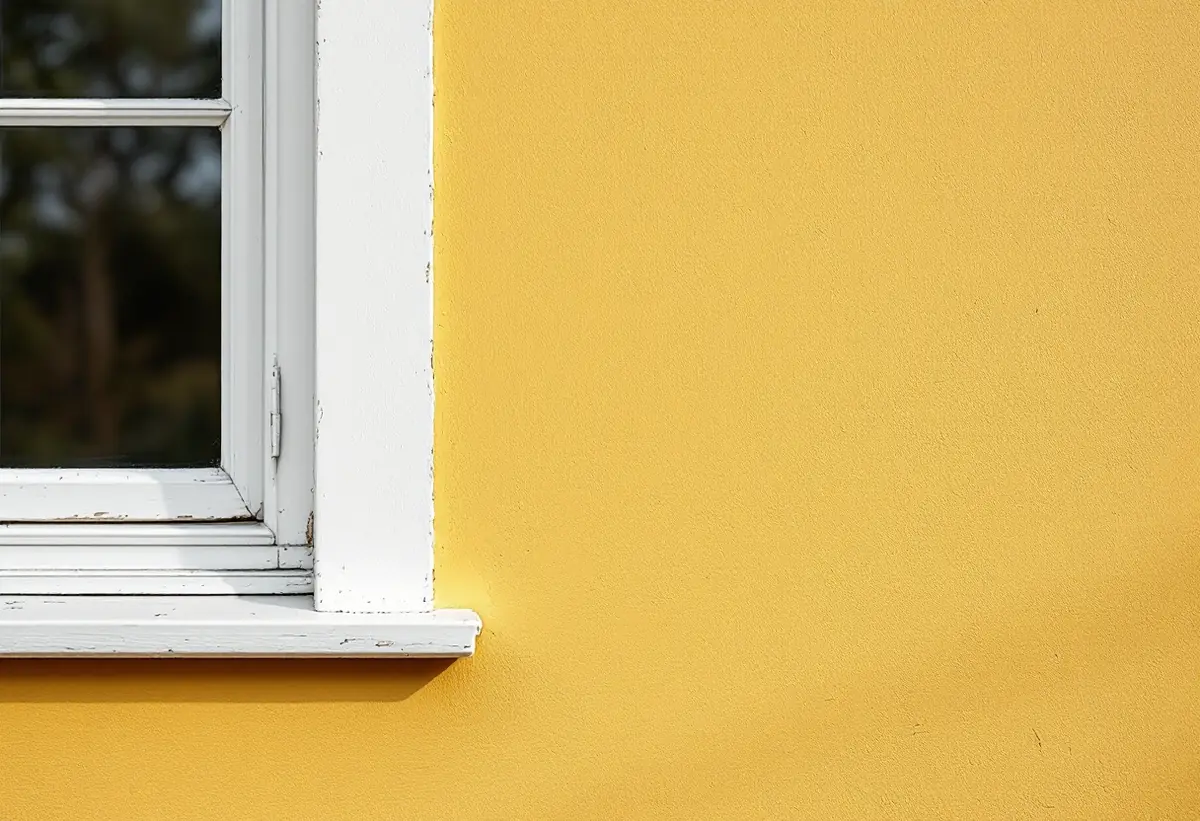 Gul putsad fasad bredvid ett vitt fönster på en äldre villa