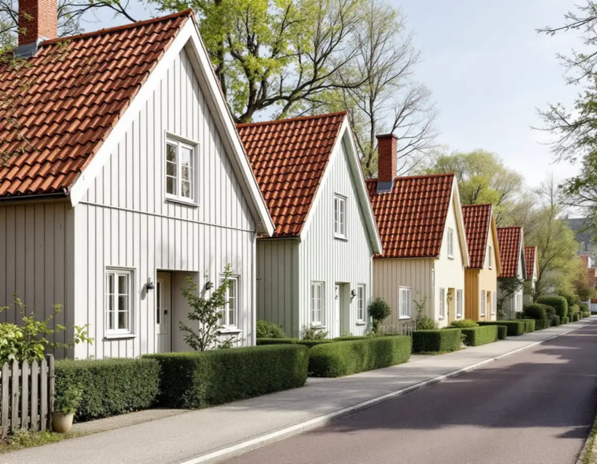 Rad av små trähus med stående lockpanel i ljusa kulörer i Tallkrogen