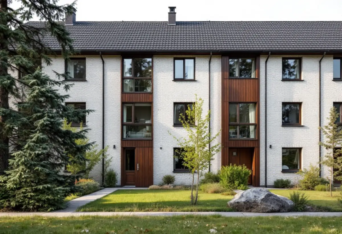 Radhus med ljust mexitegel och brunmålad panel i Huddinge