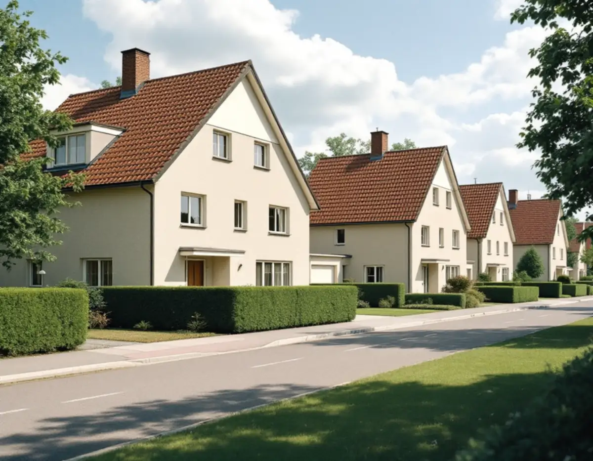 Beigeputsade hus med gavlarna mot gatan i ett villaområde i Järfälla